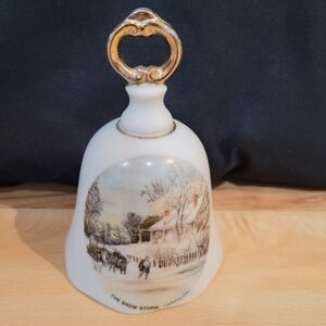 2/$20 Currier & Ives "The Snow Storm" Decorative Ceramic Bell with Gold Handle